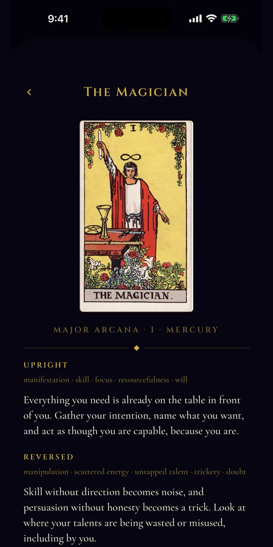 Arcana app showing The Magician tarot card with upright and reversed meanings