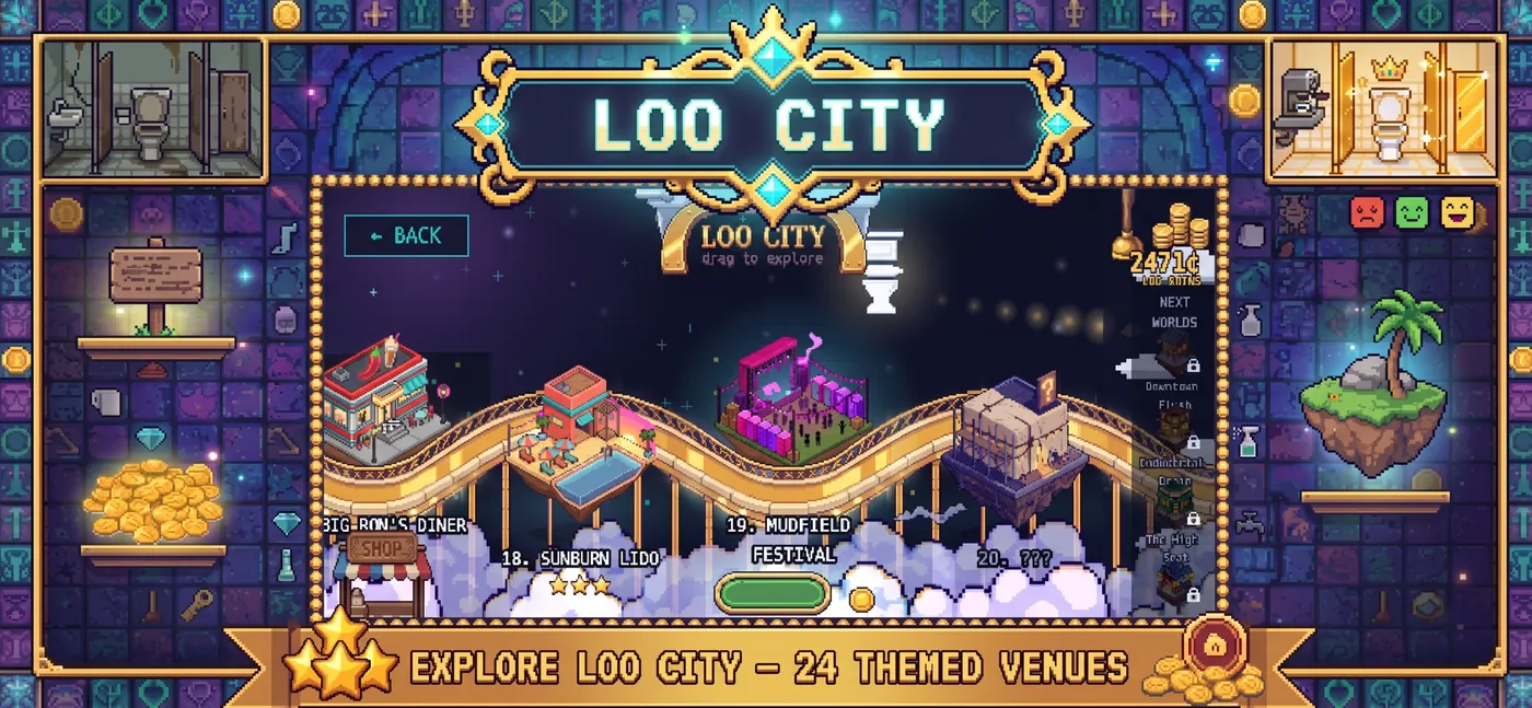 Loo Lord venue map of a pixel-art night city