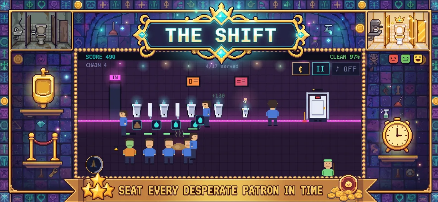 Loo Lord gameplay: patrons queue for stalls in a pixel-art restroom