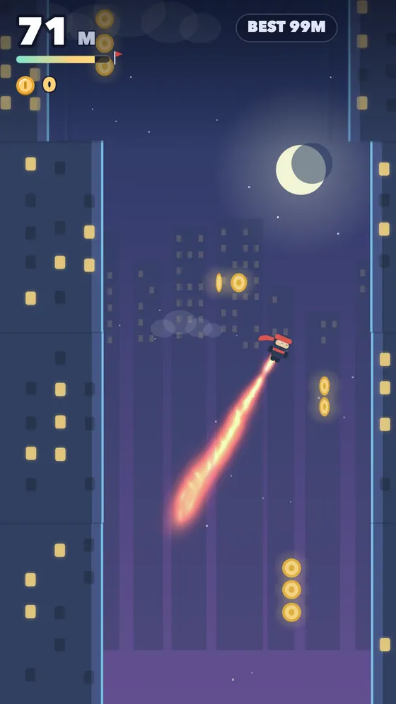 Rope Ninja gameplay: the ninja flies up between two towers at night